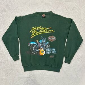 Vintage Harley Davidson Crewneck Green Sweatshirt Precision Tuned Steel Medium